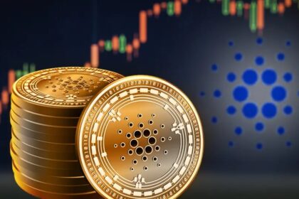 MOnedas de Cardano y fondo de grafíco de precios