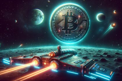 Cohete en el espacio dirigiéndose a la luna con símbolo de Bitcoin en el fondo.