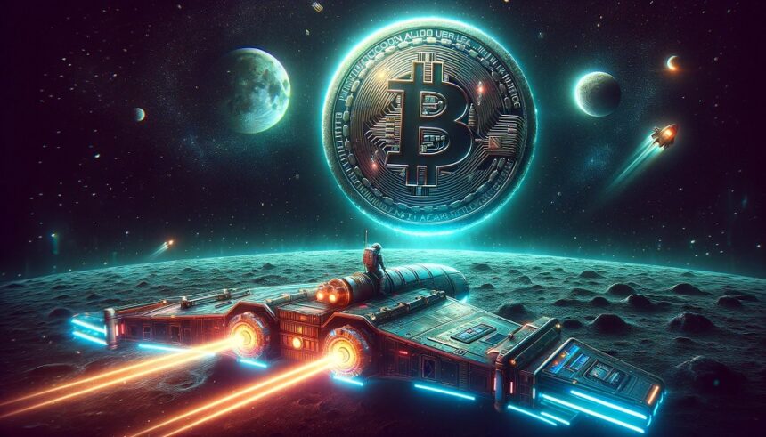 Cohete en el espacio dirigiéndose a la luna con símbolo de Bitcoin en el fondo.