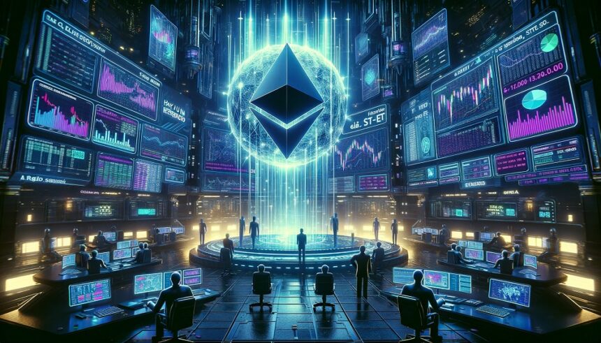 Símbolo de Ethereum en medio de una sala llena de computadoras.