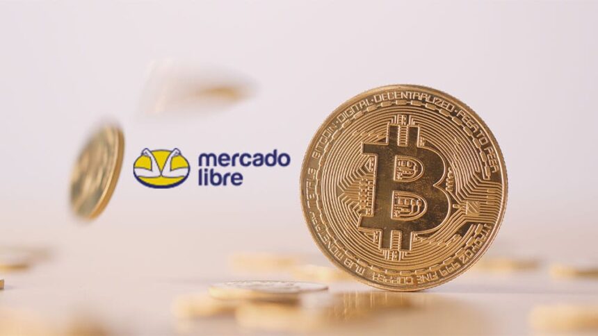 Bitcoins y logo de Mercado Libre.