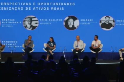 Francisco Carvalho, CEO de Blockchain Rio; Ariel Scaliter, cofundador de Agroken; Solange Gueiros, ingeniera de Chainlink; Andreas Blazoudakis, CEO de Netspaces; Diego Consimo, represente de XDC Network; y Valentin Jaremtchuk, fundador de Win Investment. Fuente: YouTube Ripio.