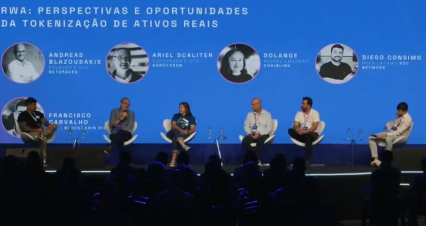 Francisco Carvalho, CEO de Blockchain Rio; Ariel Scaliter, cofundador de Agroken; Solange Gueiros, ingeniera de Chainlink; Andreas Blazoudakis, CEO de Netspaces; Diego Consimo, represente de XDC Network; y Valentin Jaremtchuk, fundador de Win Investment. Fuente: YouTube Ripio.